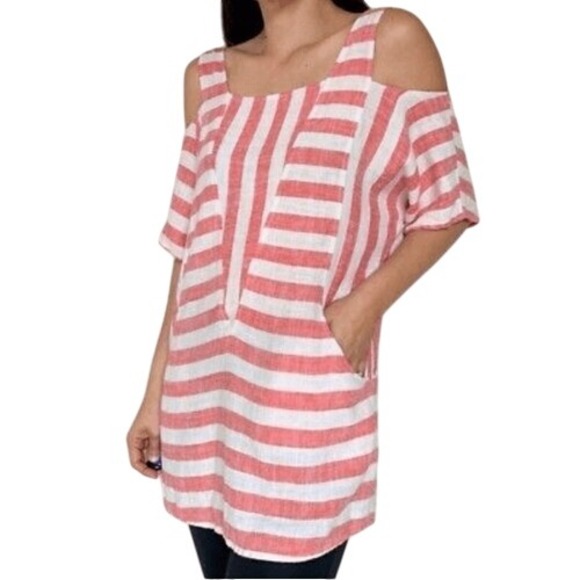 Soft Surroundings Sunset Striped Cold Shoulder Linen Blend Tunic Top Pockets S‎ - Picture 1 of 6